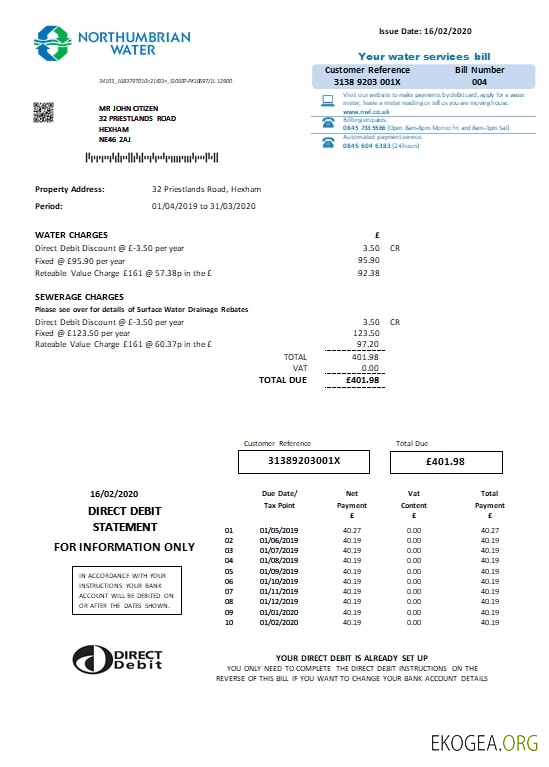 United Kingdom Northumbrian Water utility bill template in Word and PDF format, version 2